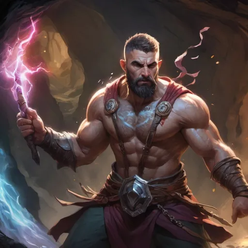 Prompt: (Torso) Male stocky large muscular battle-mage with short-cut hair and beard, engaged in combat casting a light-spell inside of a windy cave, pathfinder, d&d setting, realistic, enhanced shadow quality, colorful