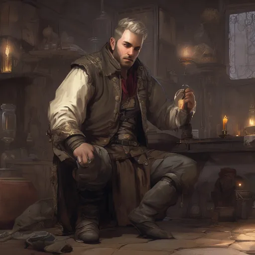 Prompt: (Full body) male stocky young alchemist with grey short-cut hair and beard, in a dark room, pathfinder, d&d setting, in a realistic digital art style