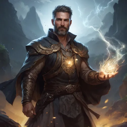 Prompt: (head and torso) Male stocky fit 40-year old handsome druid with short-cut hair and beard, holding magic-spell, in a windy nature at night, pathfinder, d&d setting, enhanced shadow quality