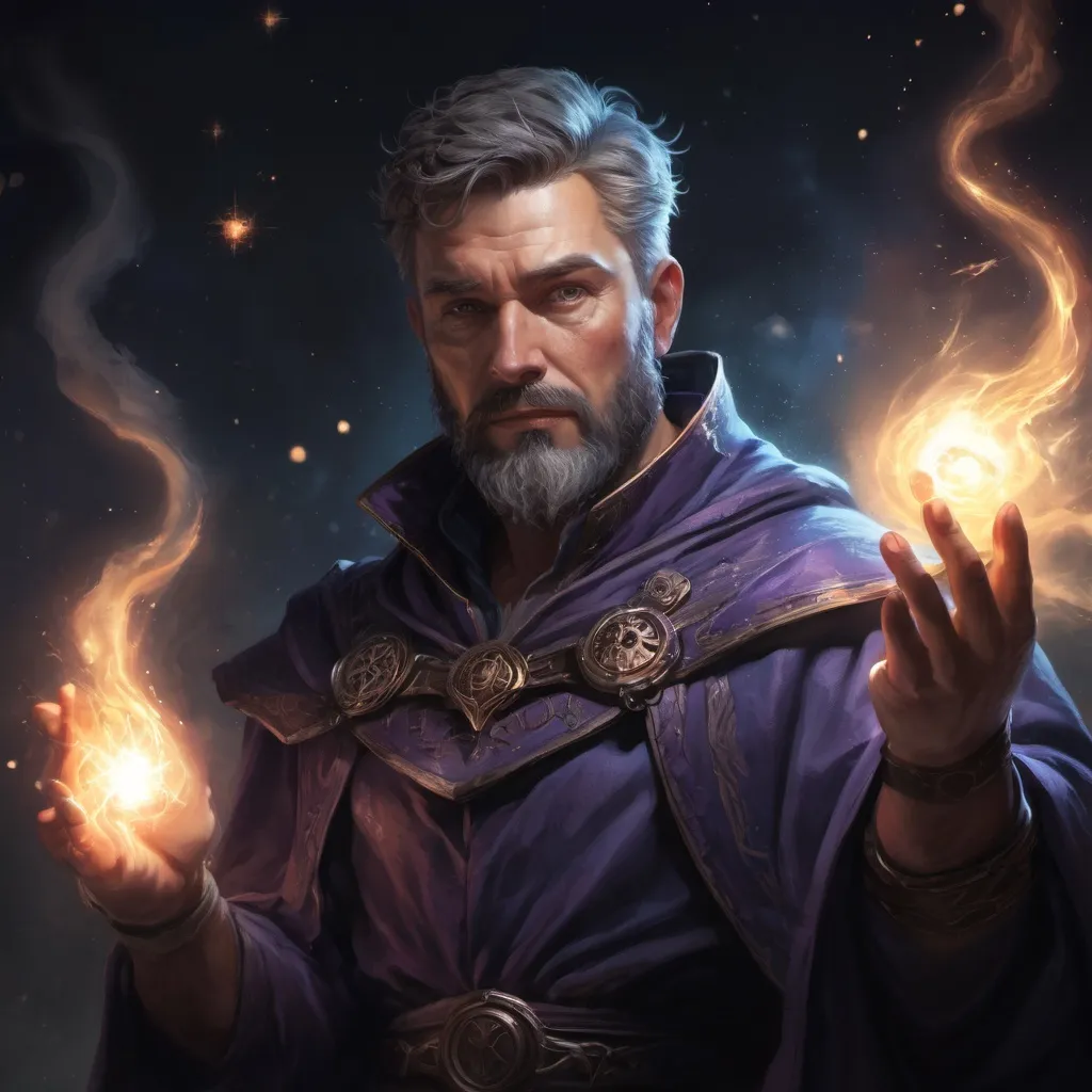 Prompt: male stocky mature sorcerer with short hair and beard, casting a spell out of hands, in a magical battlefield at night, pathfinder, d&d setting, in a realistic high quality digital art style