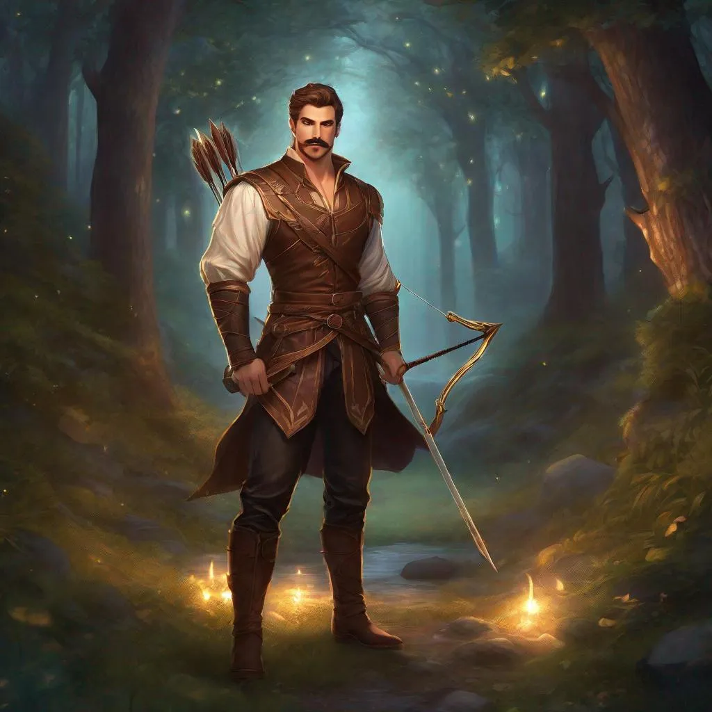 Prompt: (Full body) A male muscular arcane archer with short cut hair with a mustache and stubble manly face, pathfinger, magic swirl, visible chest, leather pants, holding magic, dungeons and dragons, brown boots, fantasy setting, standing in a forest glade at night, in a painted style realistic art