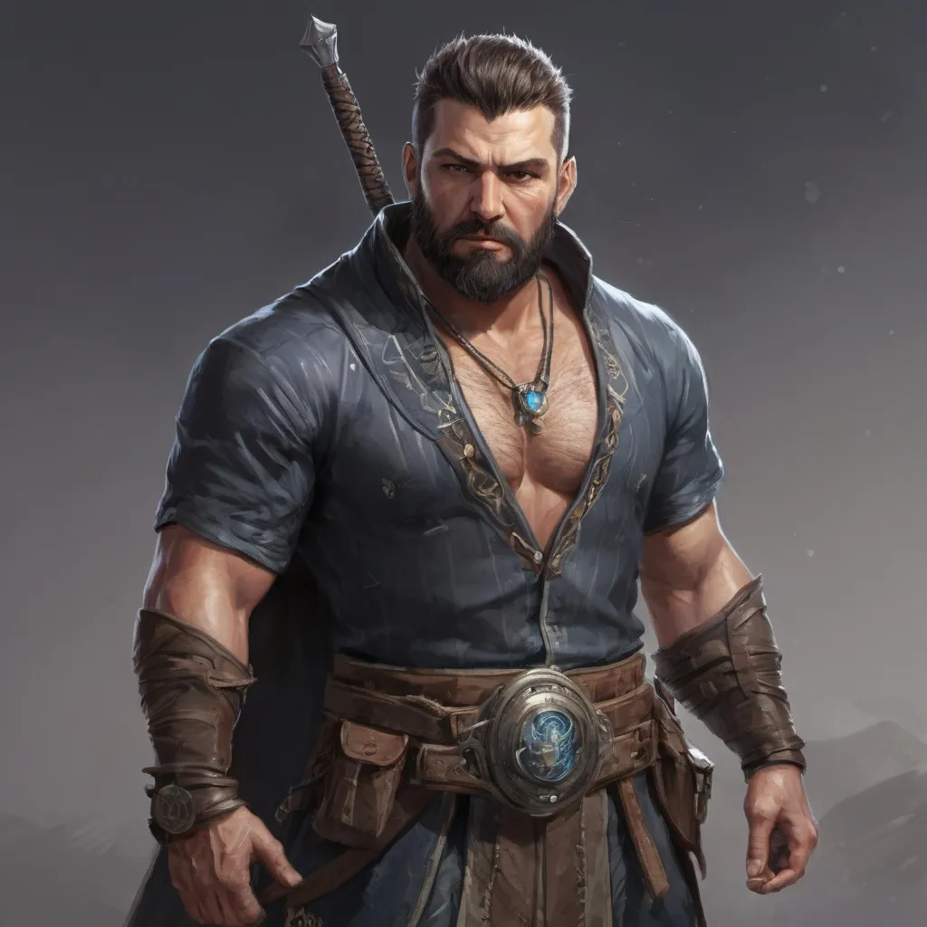 Prompt: (torso) Male stocky large fat beefy 37-year old eidolon-summoner with short-cut hair and beard, open shirt hairy chest, in combat casting a magic-ray out of hands in a windy path, pathfinder, d&d setting, in a realistic high quality digital art style, enhanced shadow quality, colorful