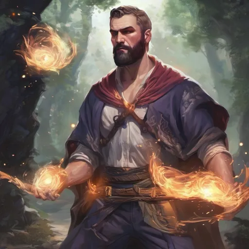 Prompt: (Full body) male stocky big-chested young wizard with striped short hair and beard, hairy chest, casting swirly bright spell, in nature at night, pathfinder, d&d setting, in a realistic high quality digital art style