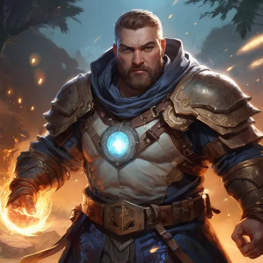 Prompt: Male stocky large fat paladin with short-cut hair and beard, open shirt hairy chest, in combat casting a magic-ray out of hands in nature at night, pathfinder, d&d setting, in a realistic high quality digital art style, enhanced shadow quality, colorful