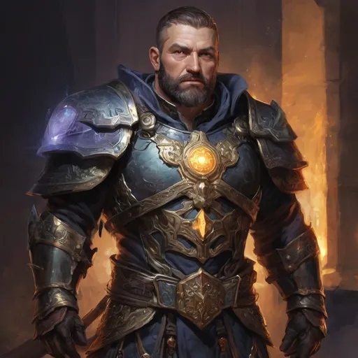 Prompt: (Torso) Male stocky large mature holy-paladin with short-cut hair and beard, exploring a dark magic dimention, surrounded by bright magic, pathfinder, d&d setting, in a realistic high quality digital art style, enhanced shadow quality, colorful