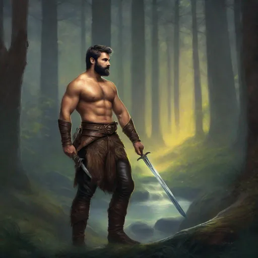 Prompt: (Full body) a fuzzy hairy-chested gay bear fighter with short beard  grey short-cut hair no shirt on, belt, boots, leather pants, holding a sword, standing in a forest glade at night, fantasy setting, dungeons & dragons, in a painted style realistic art