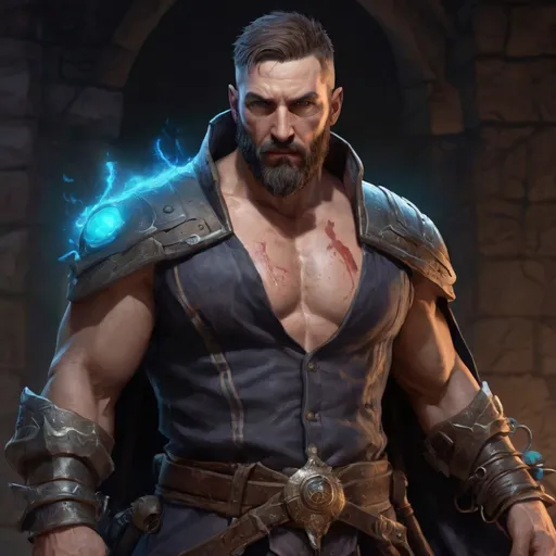 Prompt: (torso) Male stocky large 39-year old battle-mage with short-cut hair and beard, open shirt hairy chest, engaged in combat casting an arcane-spell inside of a dark dungeon, in movement, pathfinder, d&d setting, realistic, enhanced shadow quality, colorful