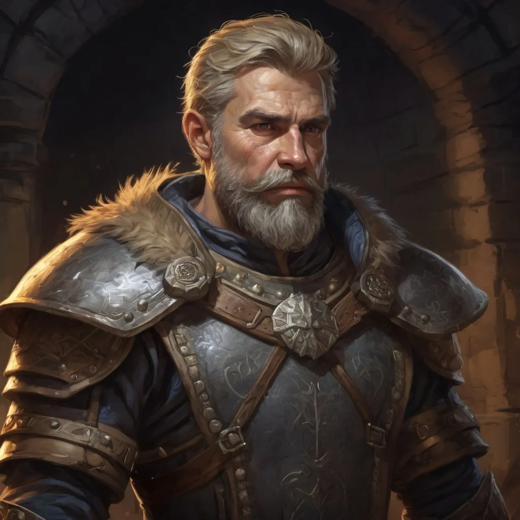 Prompt: Male stocky hairy mature warrior in  a breastplate, with short dark-blonde hair and beard, exploring a dark dungeon, pathfinder, d&d setting, in a realistic high quality digital art style, enhanced shadow quality, colorful