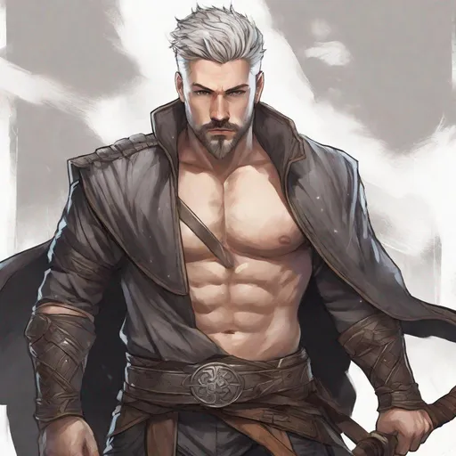 Prompt: (Full body) martial fist fighter with hairy chest looks like an older jack lowden, glowing eyes with short cut grey hair with short beard, manly face, no shirt, no armour, leather pants, pathfinder, dungeons and dragons, in a dark back street, in a painted style, realistic