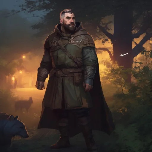 Prompt: (Full body) male stocky russian inquisitor with short hair and beard, big arms, in nature at night, pathfinder, d&d setting, in a realistic digital art style