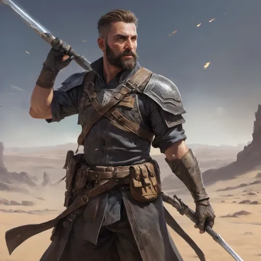 Prompt: Male heavy-set mature fit marksman with short-cut hair and beard, holding fantasy-weapon , in a windy battlefield, pathfinder, d&d setting, enhanced shadow quality