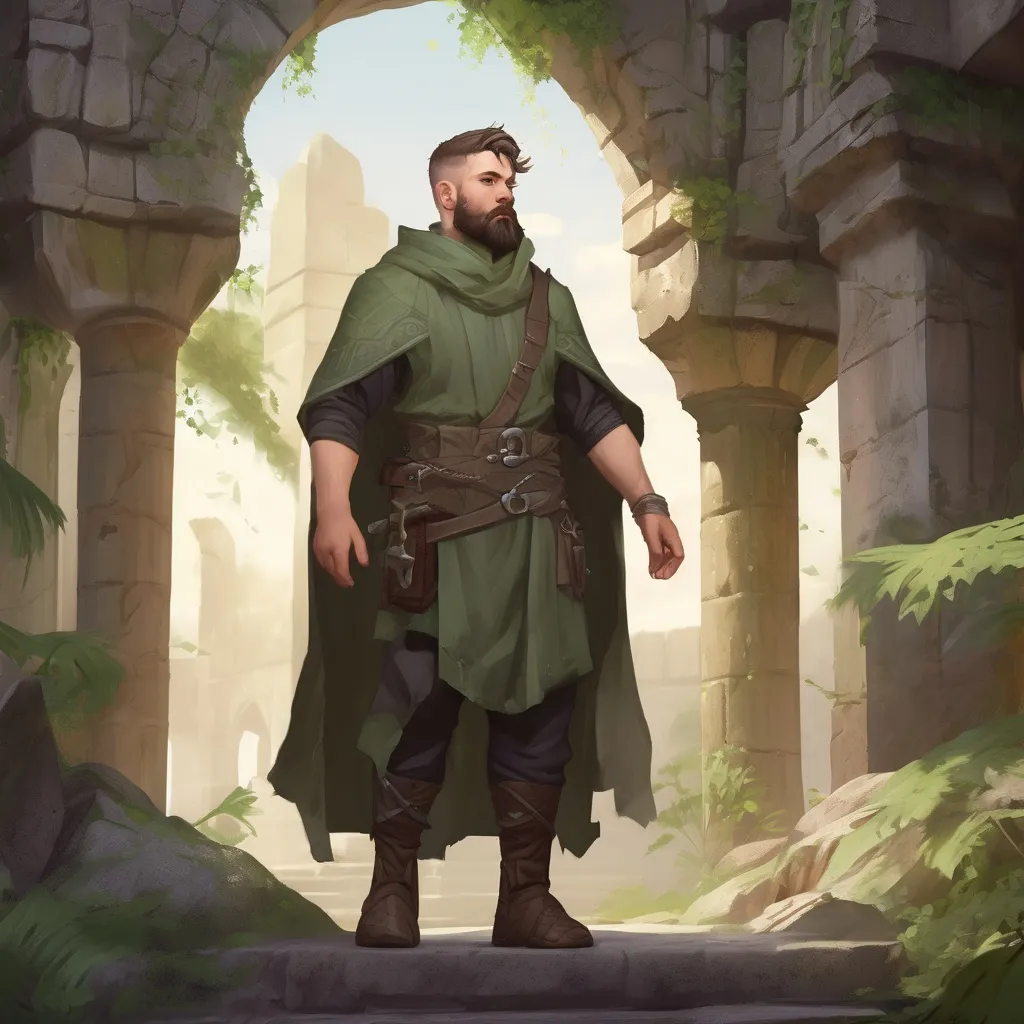 Prompt: (Full body) male stocky nature-mage with short hair and beard, in a temple ruin, pathfinder, d&d setting, in a realistic digital art style