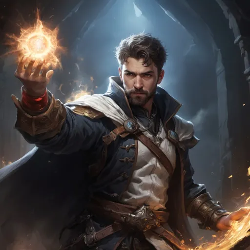 Prompt: Male stocky large battle-mage with short-cut hair and beard, engaged in combat casting a white-light spell inside of a dark dungeon, pathfinder, d&d setting, realistic enhanced shadow quality, colorful