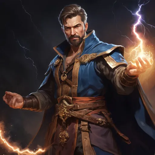 Prompt: (torso) Male stocky large muscular mature sorcerer with short-cut brown hair and beard, engaged in combat casting a lightning spell inside of a dark dungeon, pathfinder, d&d setting, in a realistic high quality digital art style, enhanced shadow quality, wearing colorful robes