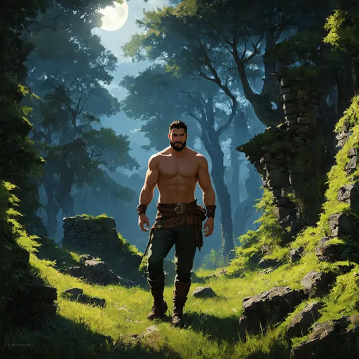 Prompt: (Full body) very hairy-chested male ranger with a short hair and beard, belt and pants, no shirt on, exploring ruins in a forest at night, pathfinder, d&d setting, in a digital art style