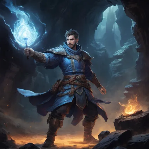 Prompt: Male stocky large battle-mage with short-cut hair and beard, engaged in combat casting a bright-azure spell, inside of a dark cavernous dungeon, pathfinder, d&d setting, in a realistic high quality digital art style, enhanced shadow quality, colorful