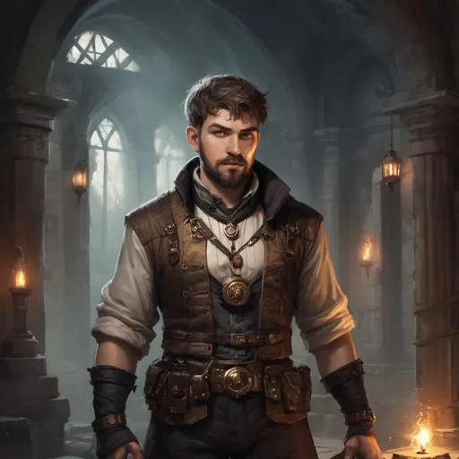 Prompt: Male stocky heavy-set steampunk engineer with short-cut hair and beard, big belly, inside a temple dungeon at night, pathfinder, d&d setting, in a realistic high quality digital art style, enhanced shadow quality