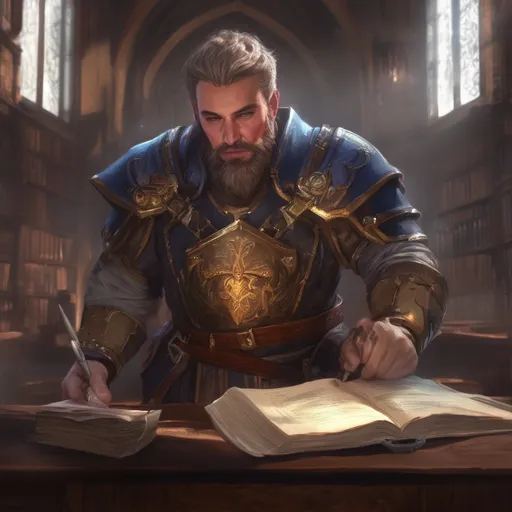 Prompt: (Full body) male stocky big-chested young armored cleric with striped short hair and beard, hairy chest, casting swirly bright spell, in a dark library, pathfinder, d&d setting, in a realistic high quality digital art style