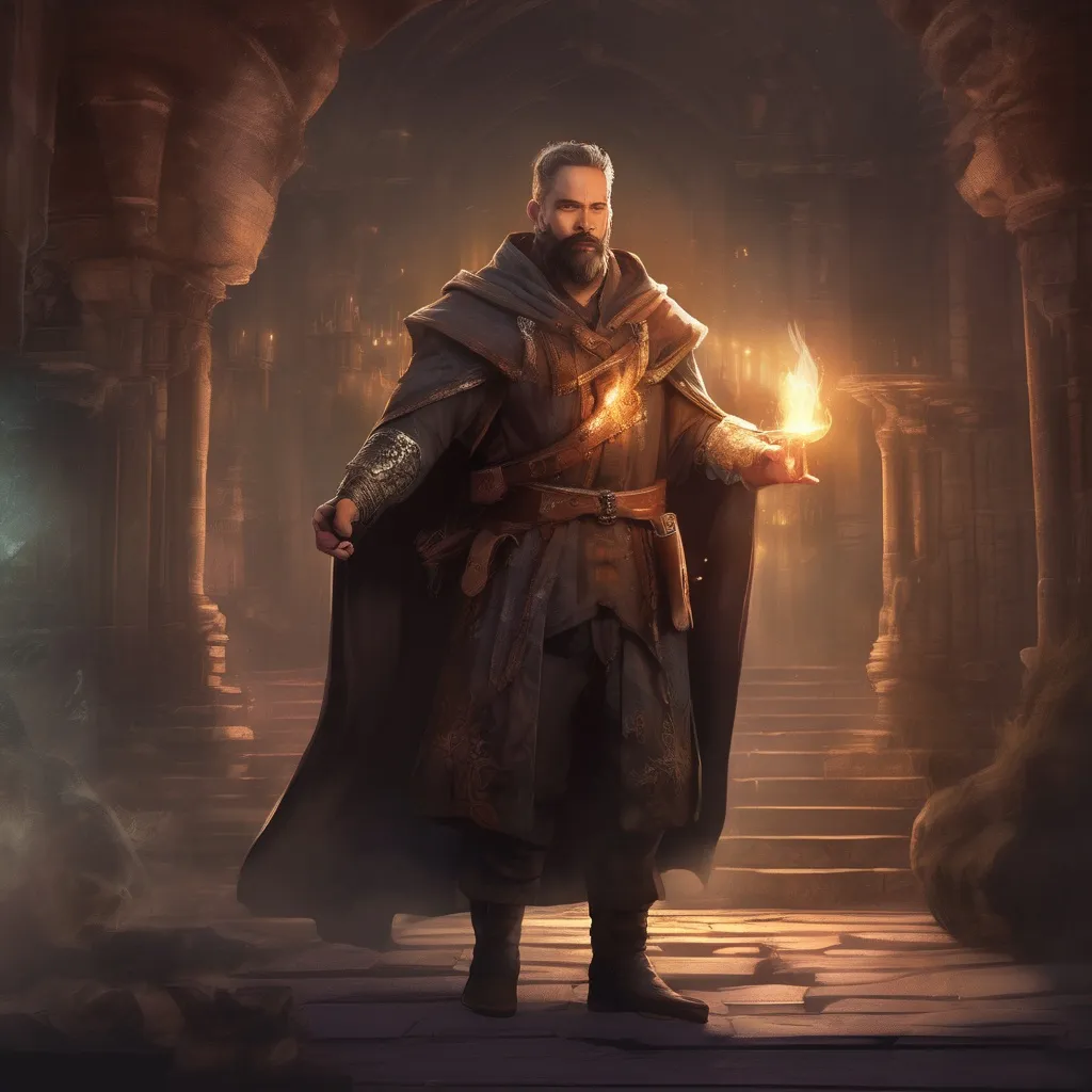 Prompt: (Full body) male stocky arcane sorcerer with short-cut hair and beard, casting a magical spell, in a dark magic temple dungeon, cloak, pathfinder, d&d setting, in a realistic digital art style