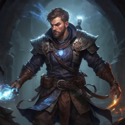 Prompt: Male stocky large mature arcane-hunter with short-cut hair and beard, engaged in combat casting a prismatic-light spell inside of a dark dungeon, pathfinder, d&d setting, in a realistic high quality digital art style, enhanced shadow quality, colorful