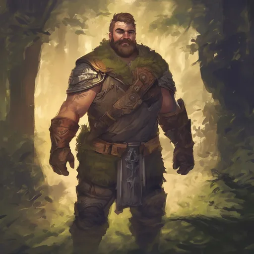 Prompt: (Full body) male stocky big-chested hairy-chested paladin with short hair and beard, no shirt on, in nature at night, pathfinder, d&d setting, in a realistic digital art style