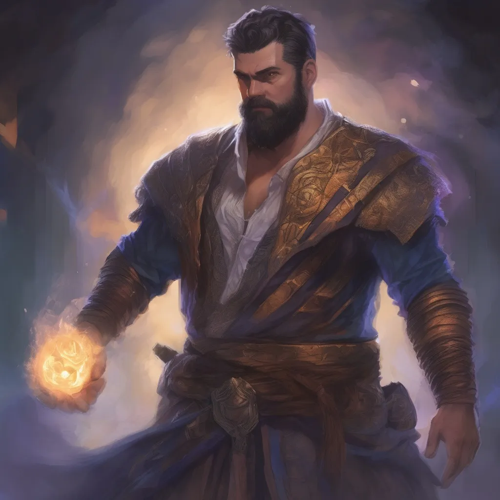 Prompt: (Full body) male stocky big-chested sorcerer with striped short hair and beard, hairy chest, casting swirly bright spell, in nature at night, pathfinder, d&d setting, in a realistic high quality digital art style