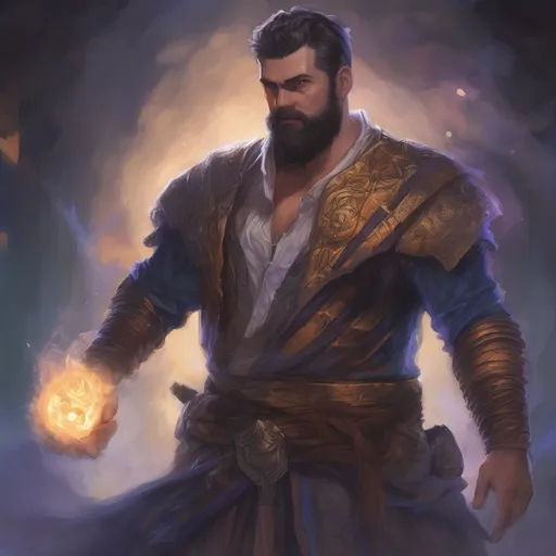 Prompt: (Full body) male stocky big-chested sorcerer with striped short hair and beard, hairy chest, casting swirly bright spell, in nature at night, pathfinder, d&d setting, in a realistic high quality digital art style