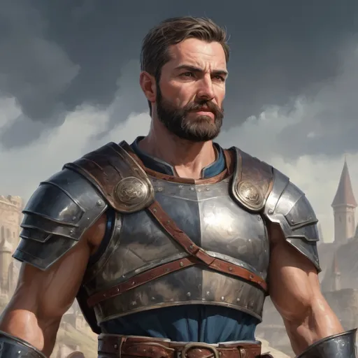 Prompt: Male heavy-set mature fit muscular large crusader with short-cut hair and beard, in a windy castleground, pathfinder, d&d setting, enhanced shadow quality