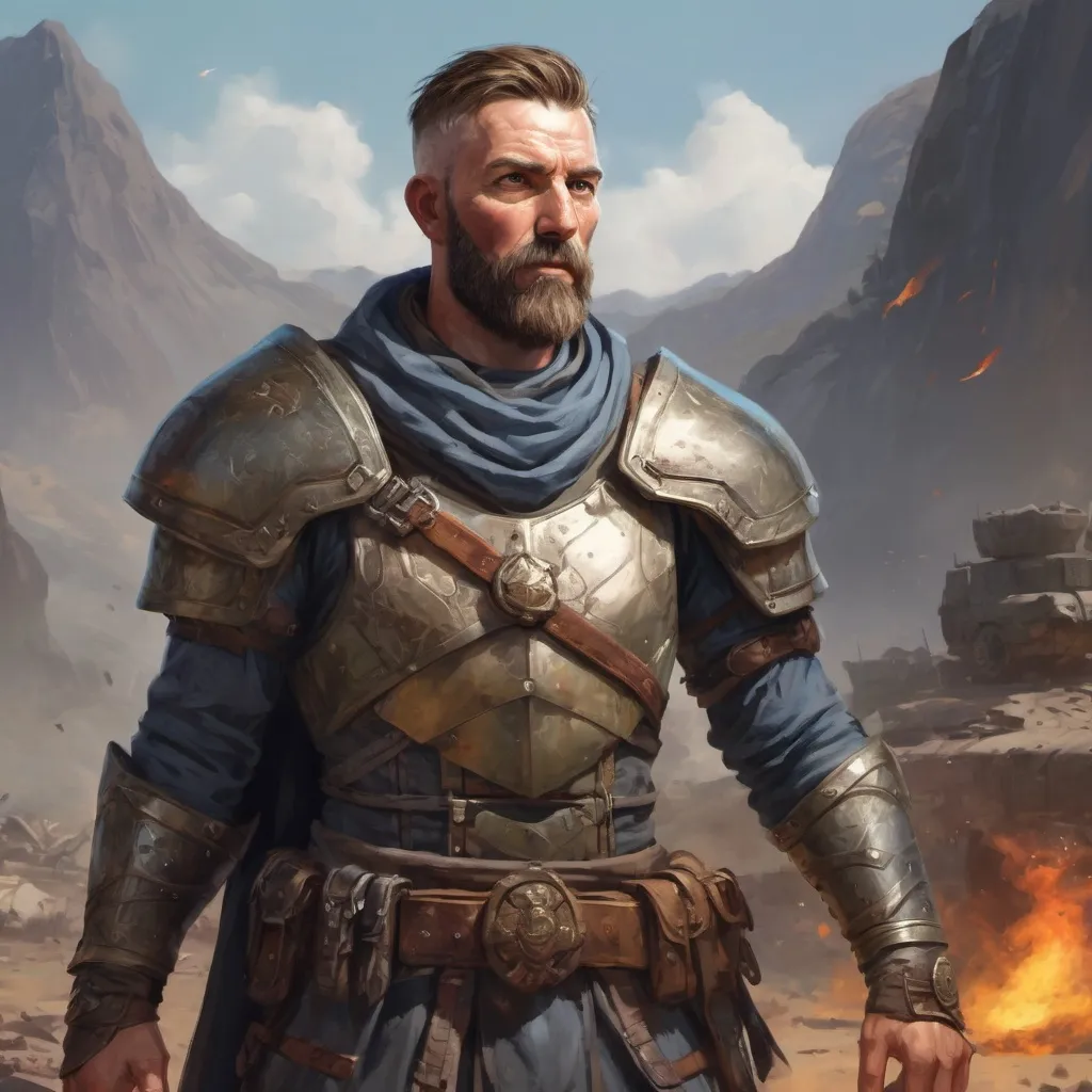 Prompt: Male heavy-set mature marskman with short-cut hair and beard, on a battlefield, in combat, pathfinder, d&d setting, in a realistic high quality digital art style, enhanced shadow quality, colorful