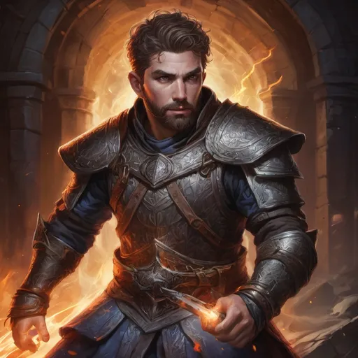 Prompt: Male stocky large battle-mage with short-cut hair and beard, wearing chainmail, engaged in combat casting a prismatic-spell inside of a dark dungeon, pathfinder, d&d setting, in a realistic high quality digital art style, enhanced shadow quality, colorful