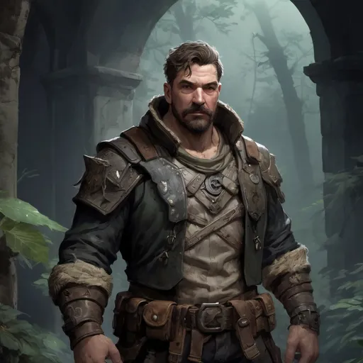 Prompt: (torso) Male stocky large mature bounty-hunter, with short hair and mustache, in a ruin in a forest at night  pathfinder, d&d setting, in a realistic high quality digital art style, enhanced shadow quality
