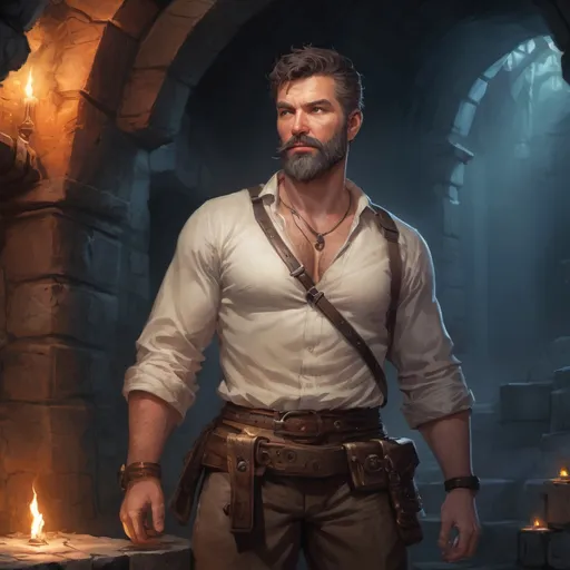 Prompt: (torso) Male stocky mature fat blacksmith with short-cut hair and beard, hairy chest open shirt, inside of a magical temple dungeon at night, pathfinder, d&d setting, in a realistic high quality digital art style, enhanced shadow quality