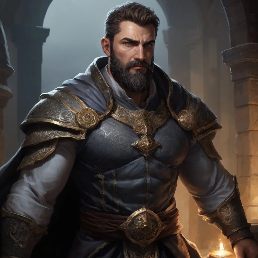 Prompt: Male stocky large muscular holy-cleric with short-cut hair and beard, exploring a dark trasure room, pathfinder, d&d setting, realistic, enhanced shadow quality