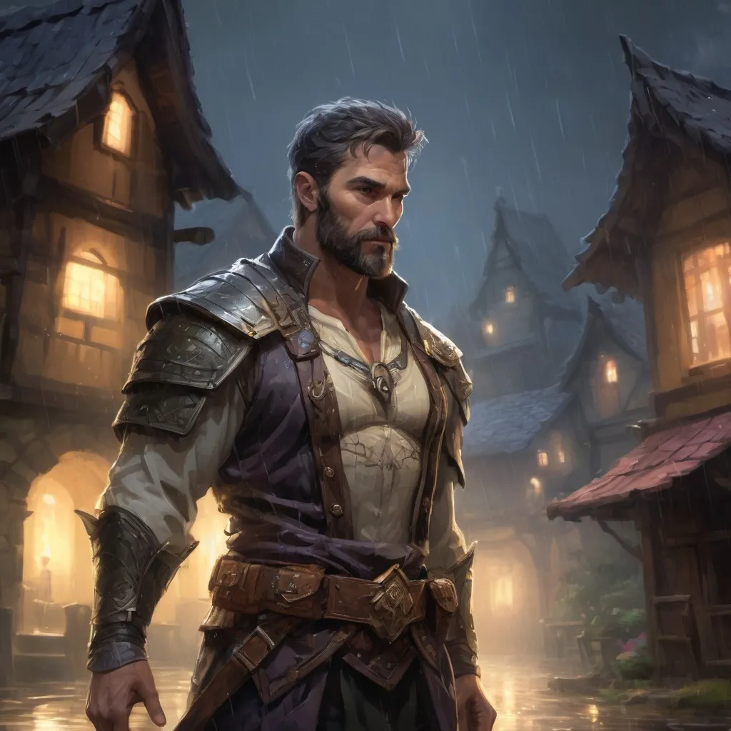 Prompt: Male stocky Muscular large mature paladin with short-cut hair and beard, open shirt, outside of a small fantasy village in the rain at night, pathfinder, d&d setting, in a realistic high quality digital art style, enhanced shadow quality, colorful