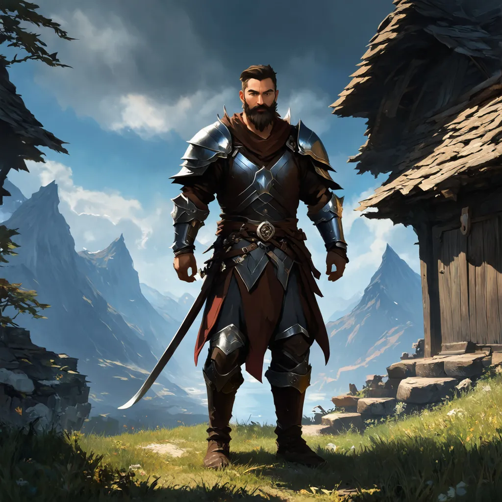 Prompt: (Full body) male rogue with short hair and beard, in rugged armor, exploring a dark fantasy villiage by a mountain, pathfinder, d&d setting, in a detailed digital art style