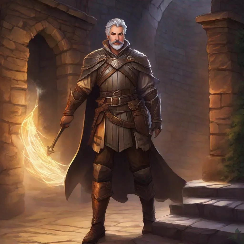 Prompt: (Full body) A hairy broad-chested large handsome male magus with short-cut grey hair a mustache and stubble, pathfinger,  light-armor, magic swirl, dungeons and dragons, hairy chest, brown boots, fantasy setting, coming out a large towngate late at night, in a painted style realistic art