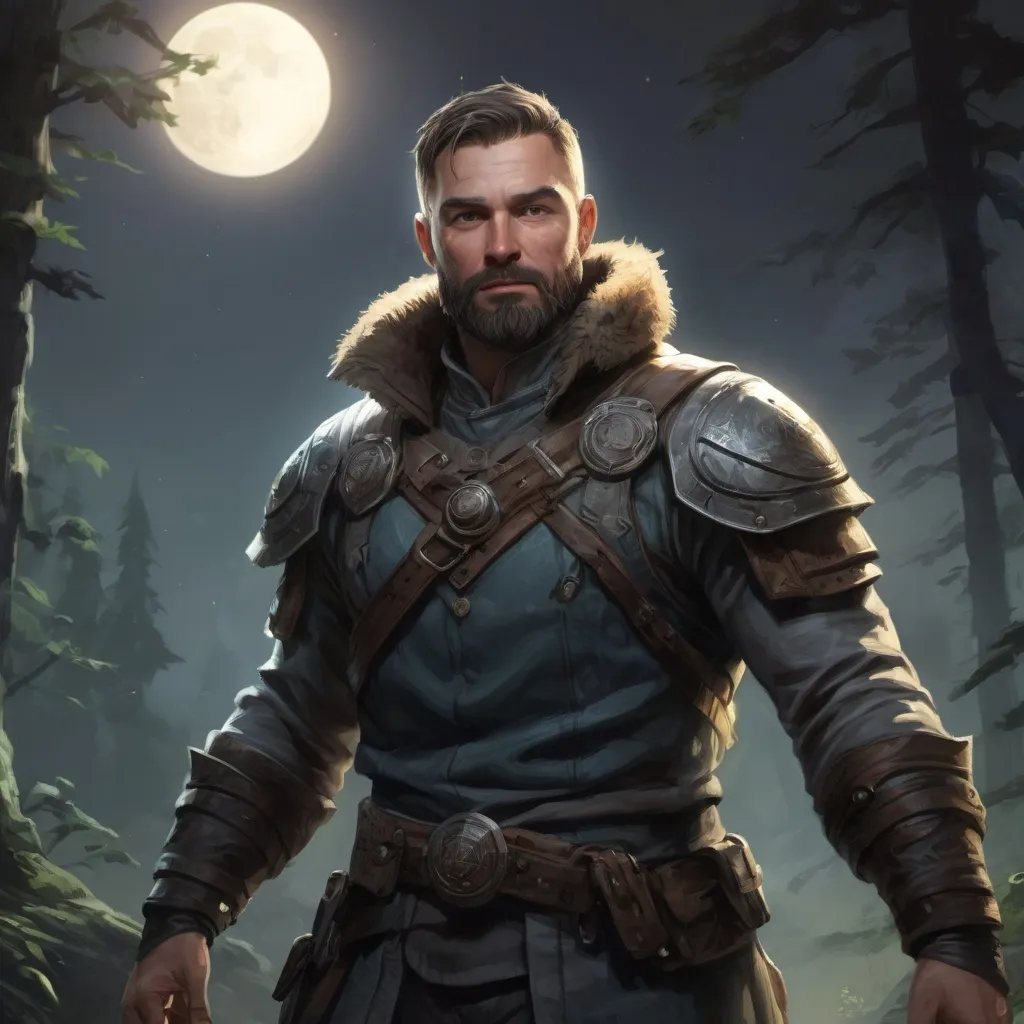 Prompt: Male stocky heavy-set mature fantasy-ranger with short-cut hair and beard, outside of fantasy forest at night, pathfinder, d&d setting, in a realistic high quality digital art style, enhanced shadow quality