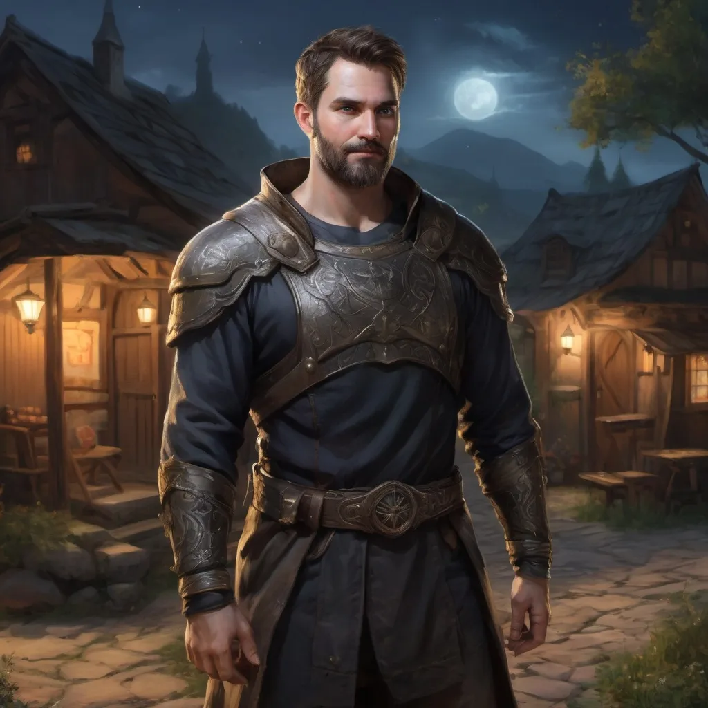 Prompt: Male stocky large canadian mature paladin with short-cut hair and beard, open shirt, outside of a small fantasy village at night, realistic enhanced shadow quality, 