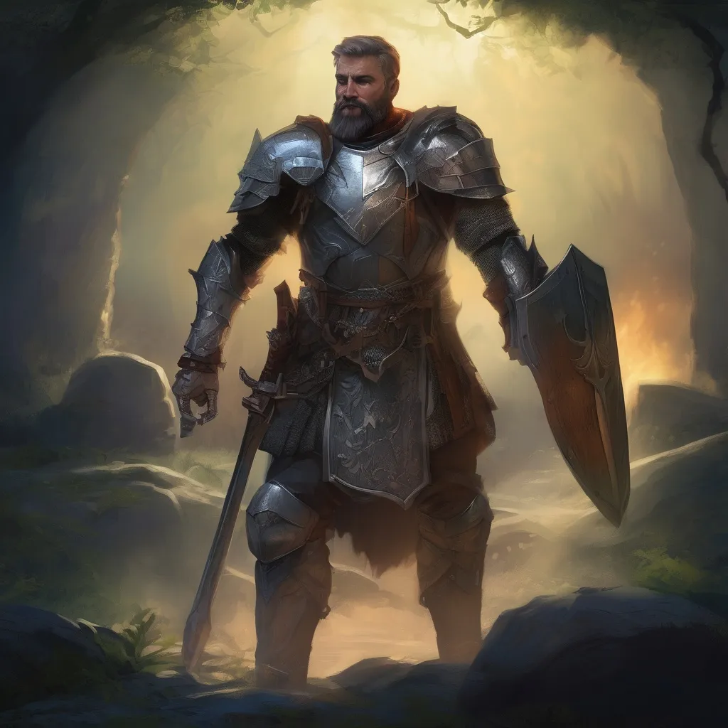 Prompt: (Full body) male handsome large muscular austrian knight with short hair and beard, outside of a cave by a forest at night, pathfinder, d&d setting, in a realistic high quality digital art style