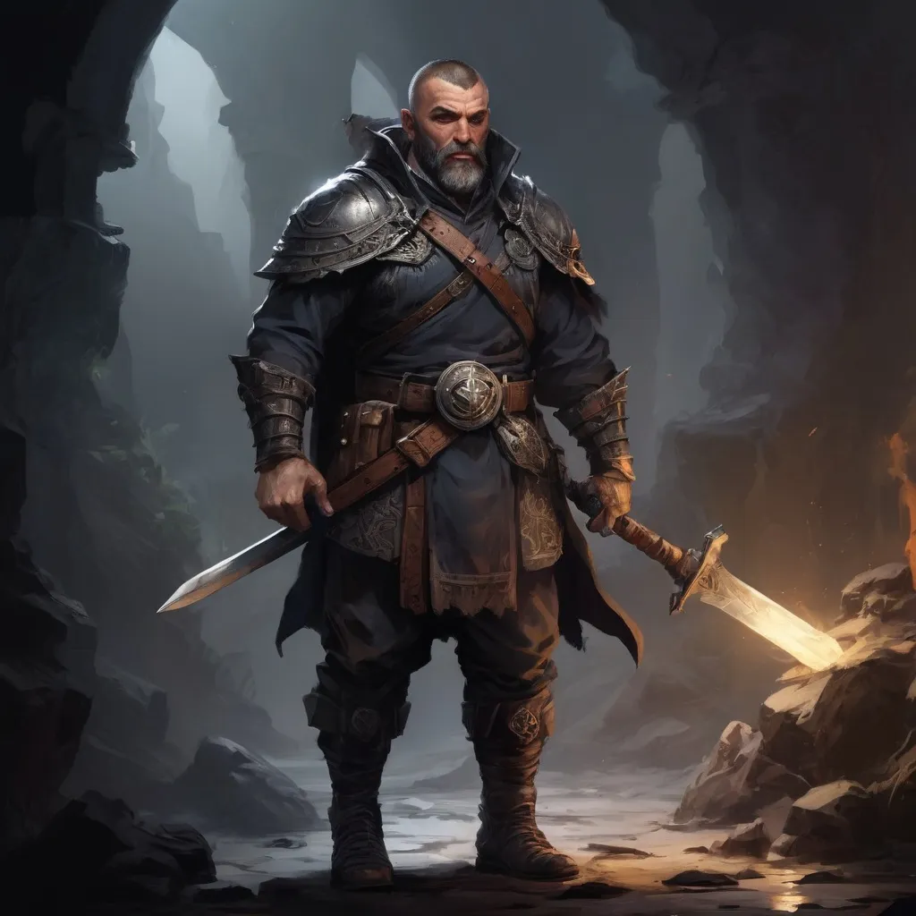 Prompt: Male stocky large mature albanian fighter with short-cut hair and beard, exploring a dark dungeon fighter a shadow-monster, pathfinder, d&d setting, in a realistic high quality digital art style, enhanced shadow quality, colorful