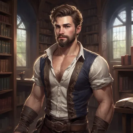 Prompt: (Full body) male stocky masculine manly hunky royal bard with short hair and beard, hairy chest, in a dark library, pathfinder, d&d setting, in a realistic high quality digital art style