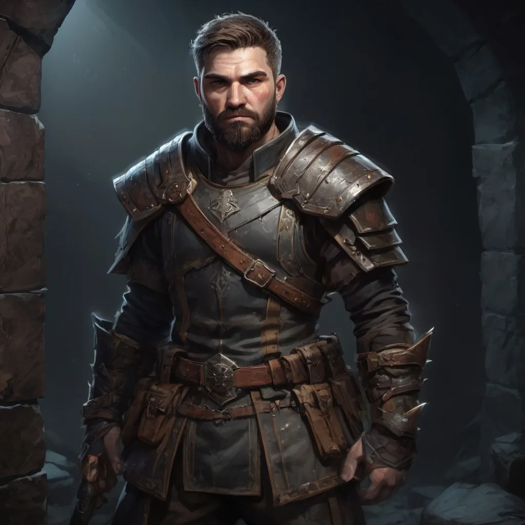 Prompt: Male stocky large warrior with short-cut hair and beard, exploring a dark dungeon, pathfinder, d&d setting, in a realistic high quality digital art style, enhanced shadow quality, colorful