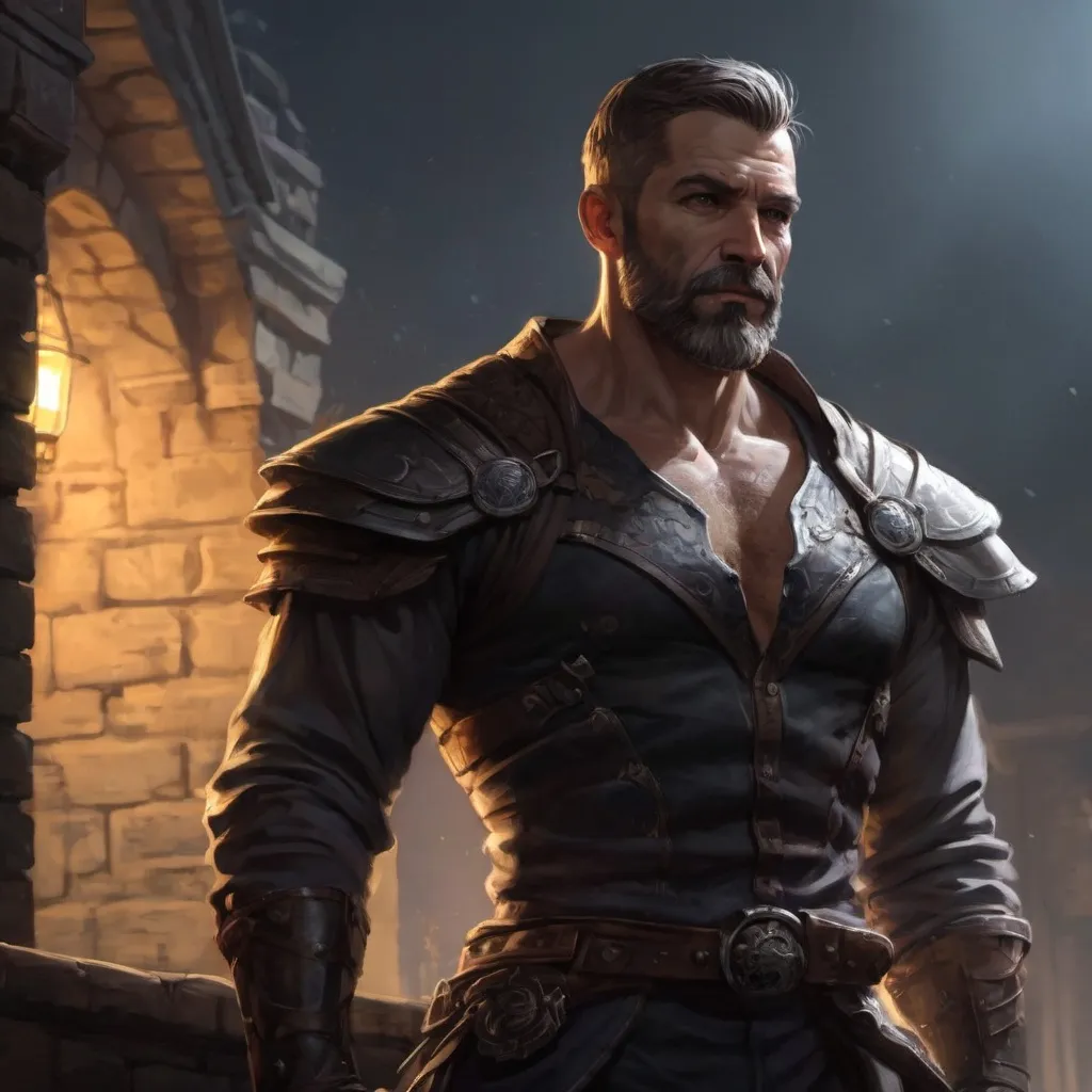 Prompt: (torso) Male heavy-set mature fit bandit with short-cut hair and beard, climbing a wall of a mansion at night, windy, pathfinder, d&d setting, enhanced shadow quality