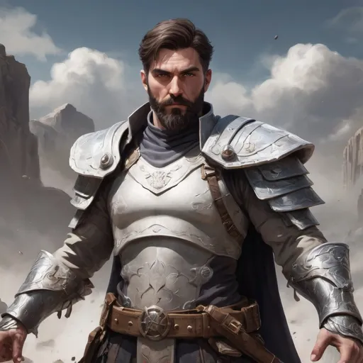 Prompt: Male stocky heavy-set mature illutionist with short-cut hair and beard, on a battlefield, in combat, casting a white-spell, pathfinder, d&d setting, in a realistic high quality digital art style, enhanced shadow quality