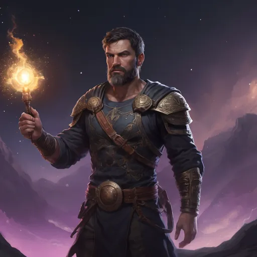 Prompt: Male stocky large mature greek fighter with short-cut hair and beard, exploring a dark astral plane, pathfinder, d&d setting, in a realistic high quality digital art style, enhanced shadow quality, colorful