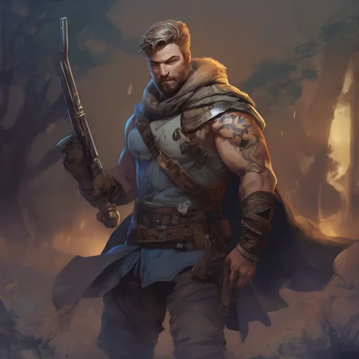 Prompt: (Full body) male stocky big-chested  ranger with short-cut hair and beard, no shirt on, holding a weapon, in nature at night, pathfinder, d&d setting, in a realistic digital art style