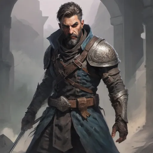 Prompt: (torso) Male heavy-set mature fit magical bandit with short-cut hair and beard, holding fantasy-weapon, in movement, in a windy battlefield, pathfinder, d&d setting, enhanced shadow quality