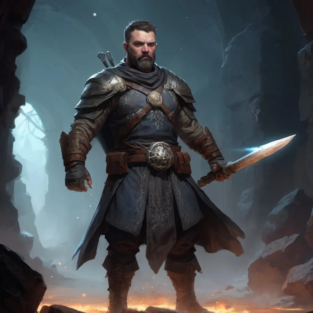 Prompt: Male stocky large mature scottish fighter with short-cut hair and beard, exploring a dark astral magical dungeon in combat, pathfinder, d&d setting, in a realistic high quality digital art style, enhanced shadow quality
