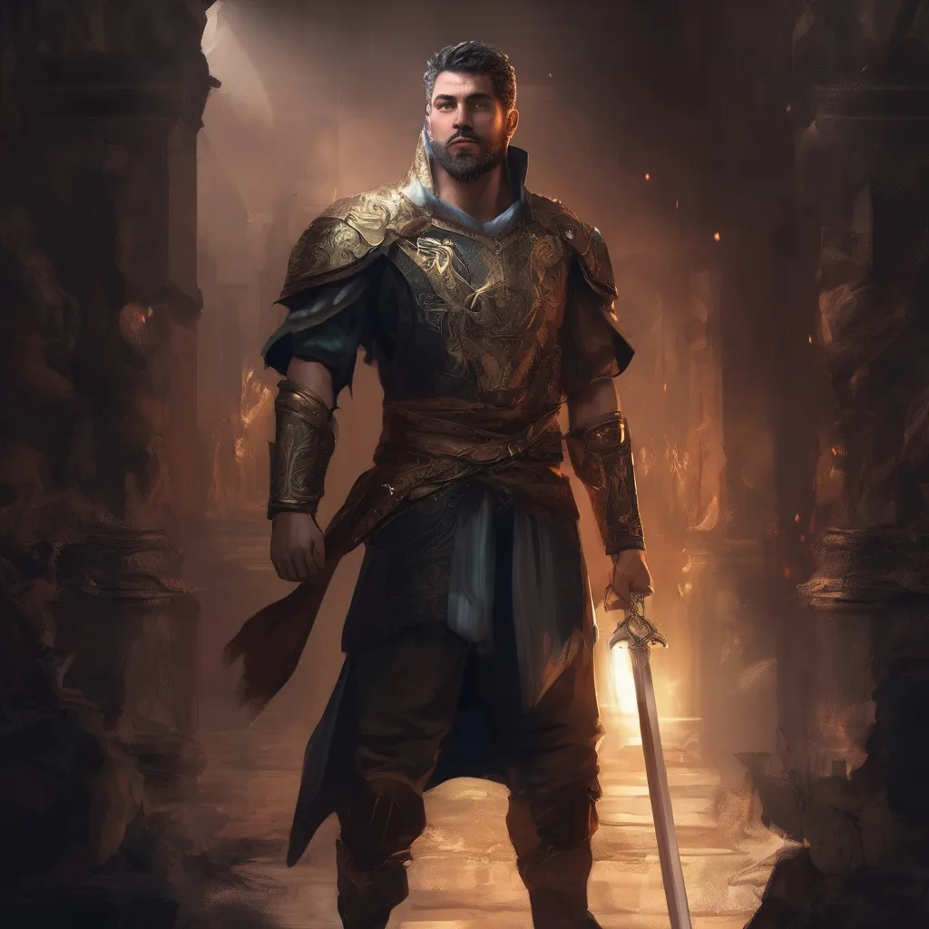 Prompt: (Full body) male stocky big-chested Noble young king with short hair and beard, wearing a crown, in a dark room, pathfinder, d&d setting, in a realistic digital art style