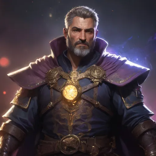 Prompt: (Torso) Male stocky large mature arcanist with short-cut hair and beard, exploring a dark dimention, surrounded by bright magic, pathfinder, d&d setting, enhanced shadow quality, colorful